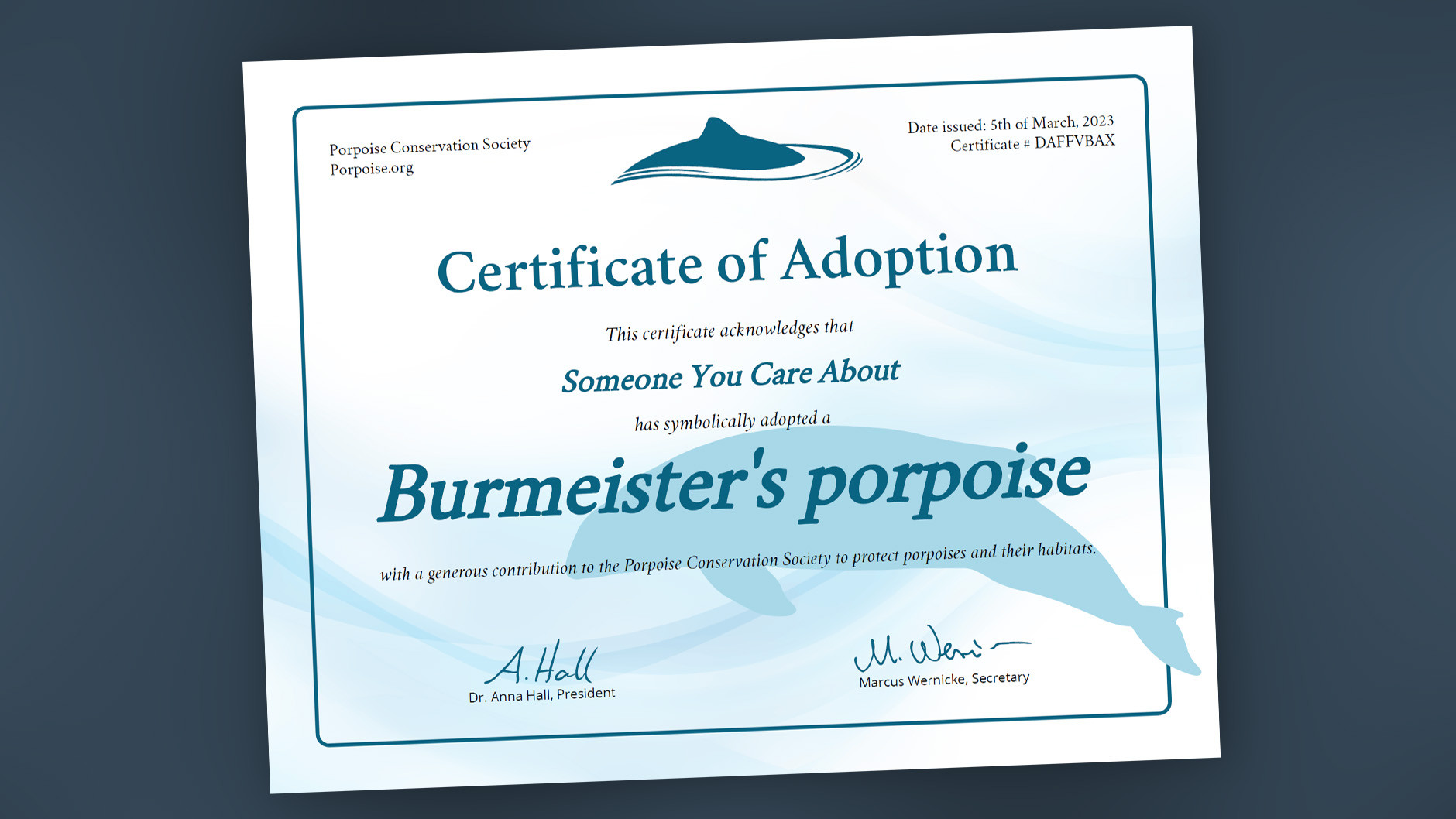 Adopt a Burmeister's Porpoise Adoption Certificate