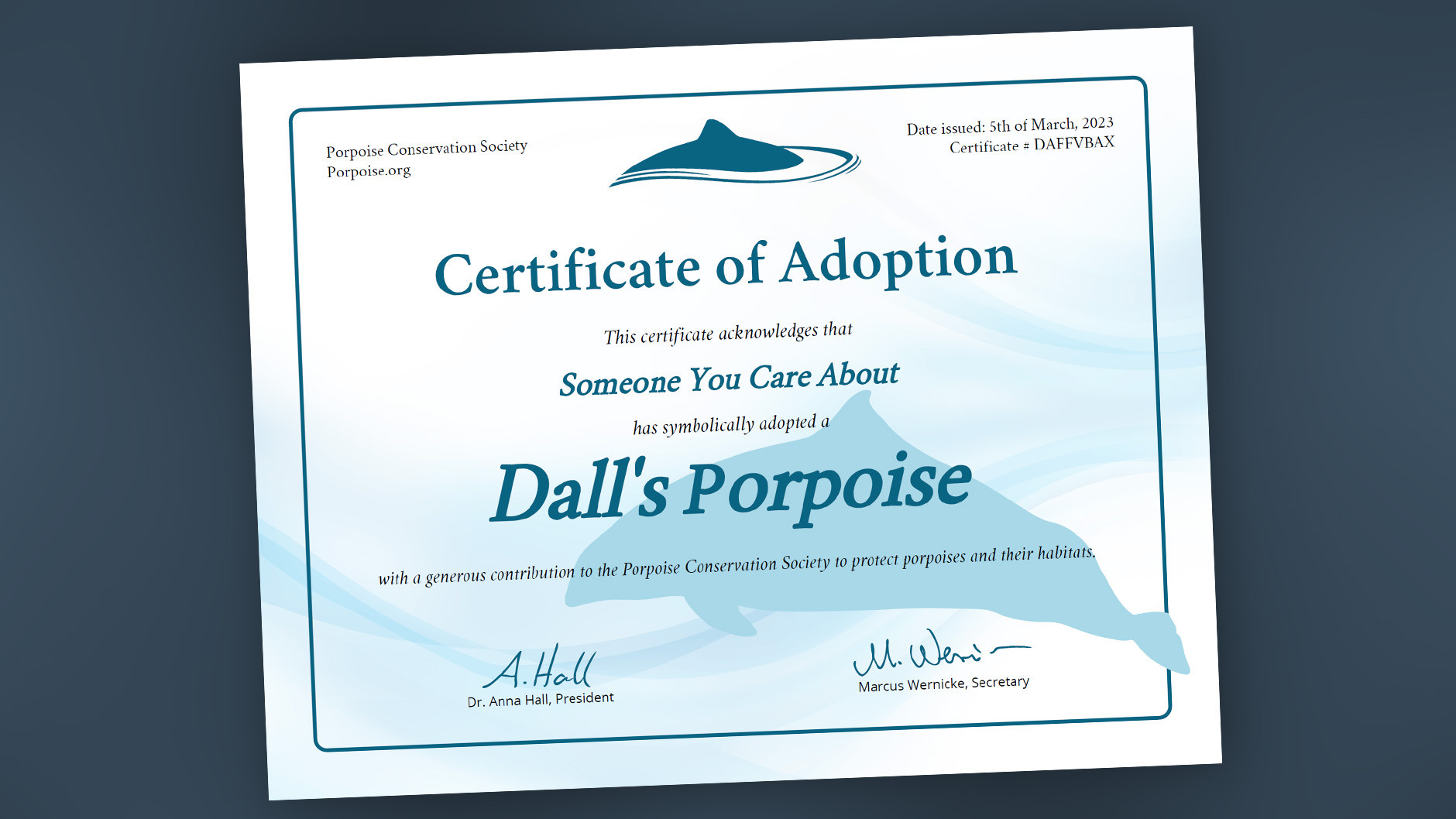 Adopt a Dall's Porpoise Adoption Certificate