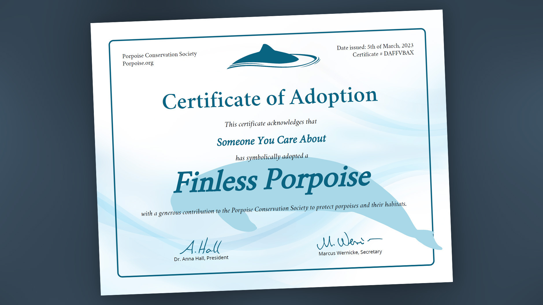 Adopt a Finless Porpoise Adoption Certificate