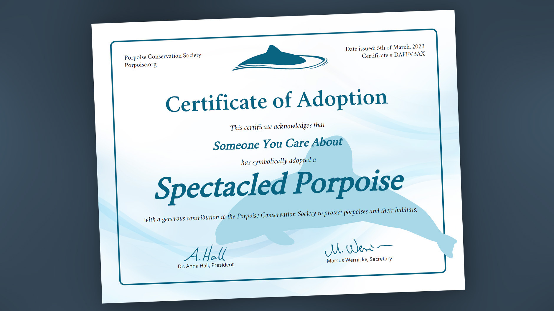 Adopt a Spectacled Porpoise Adoption Certificate