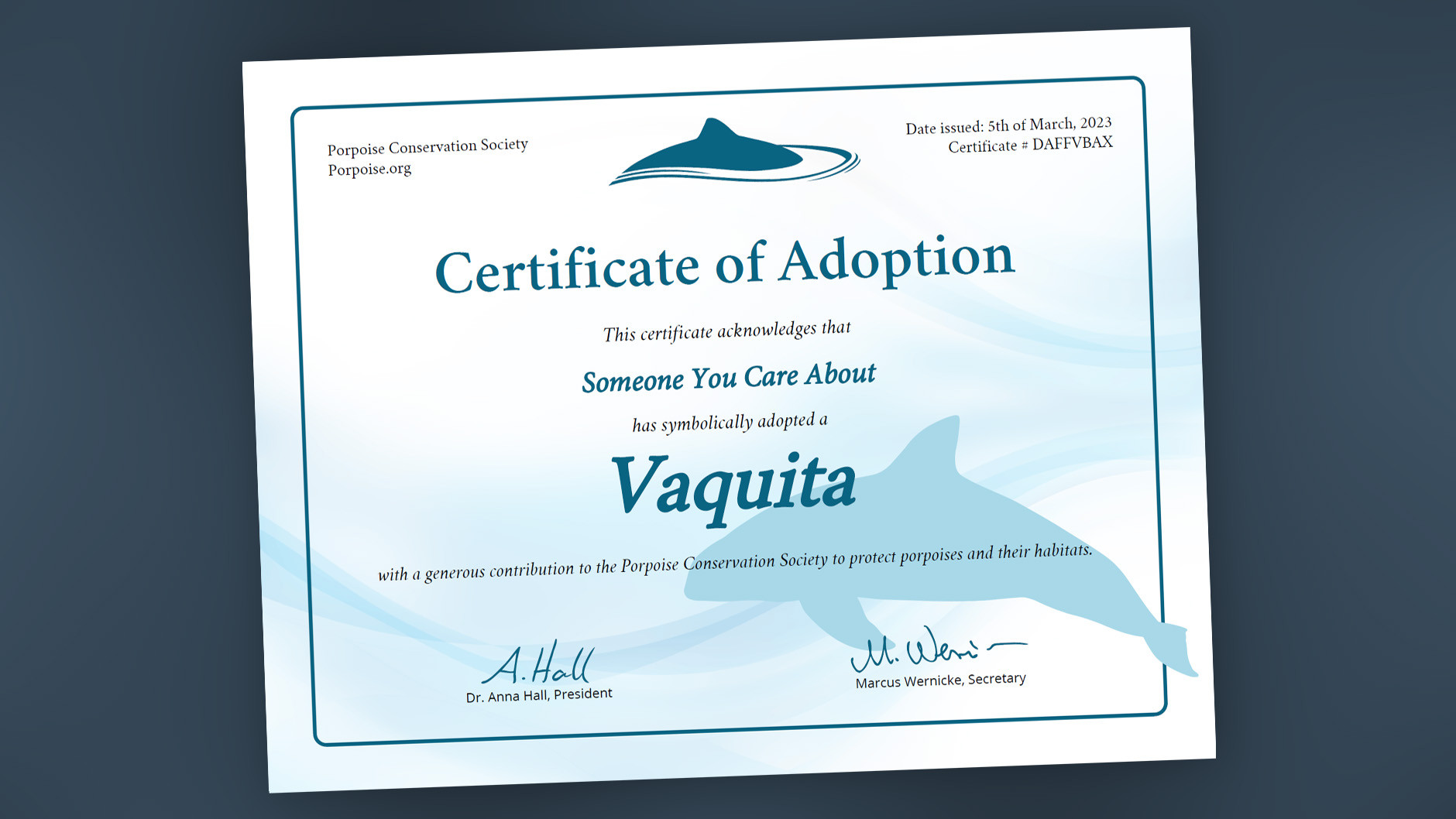 Adopt a Vaquita Porpoise Adoption Certificate